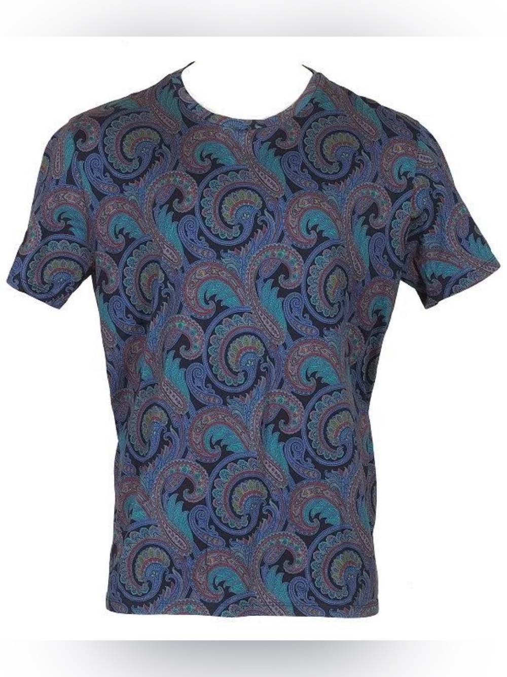 Etro Paisley Short Sleeve Crewneck T-Shirt in Teal & Navy 2XL